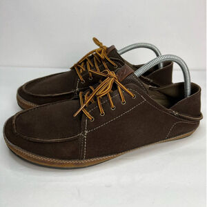 Olukai Kauwela Lace Up Brown Toffee Dark Wood Slip On Loafer Drop in Heel 9.5